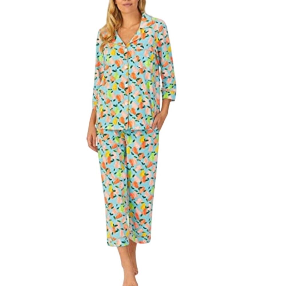 Bed Head PJs Womens 1x 3/4 Sleeve button top Cropped Pants Sleep Set blue pear